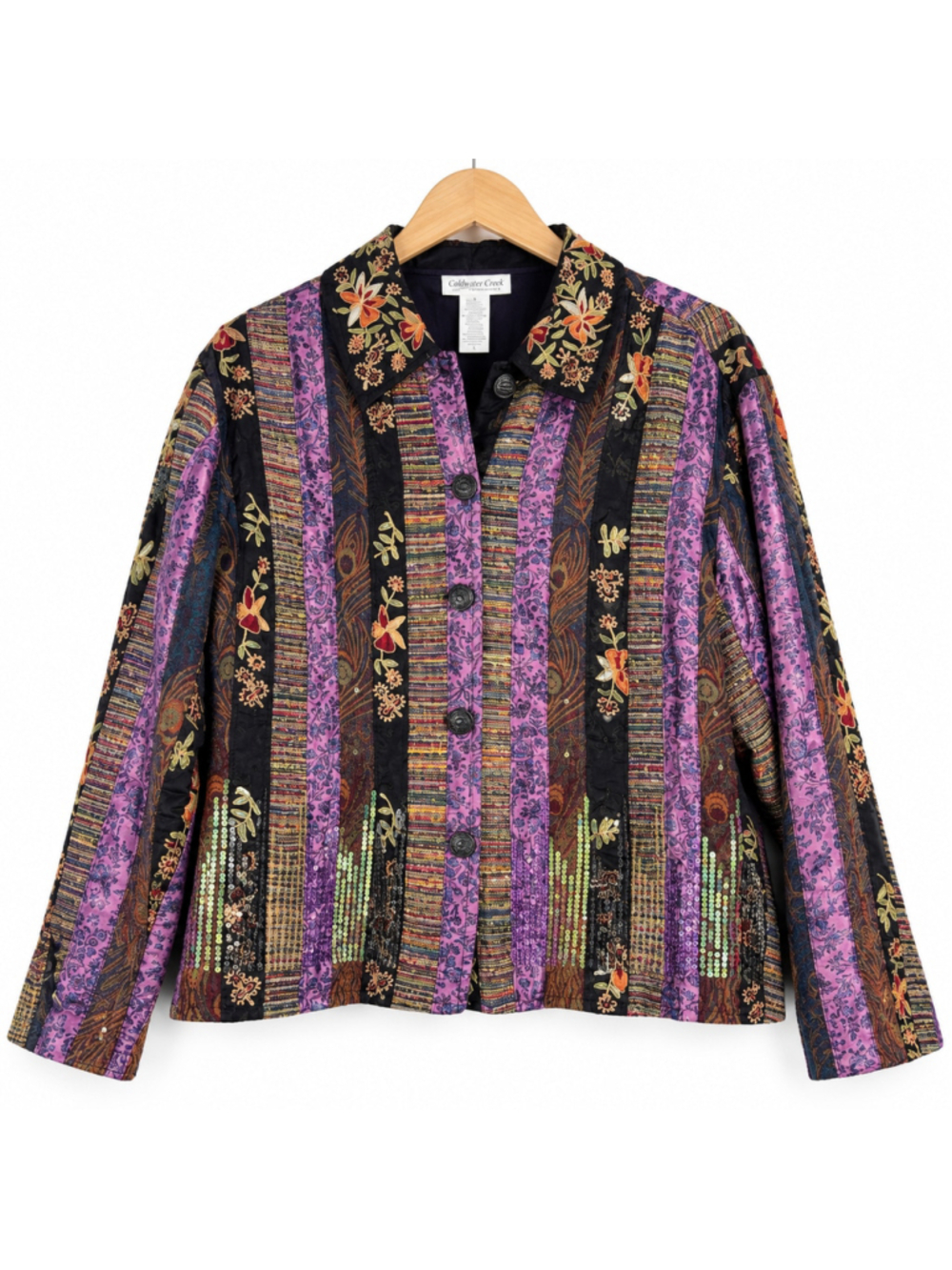 VTG Coldwater Creek Purple Sequin Patchwork Floral Lagenlook 100% Silk Jacket 1X
